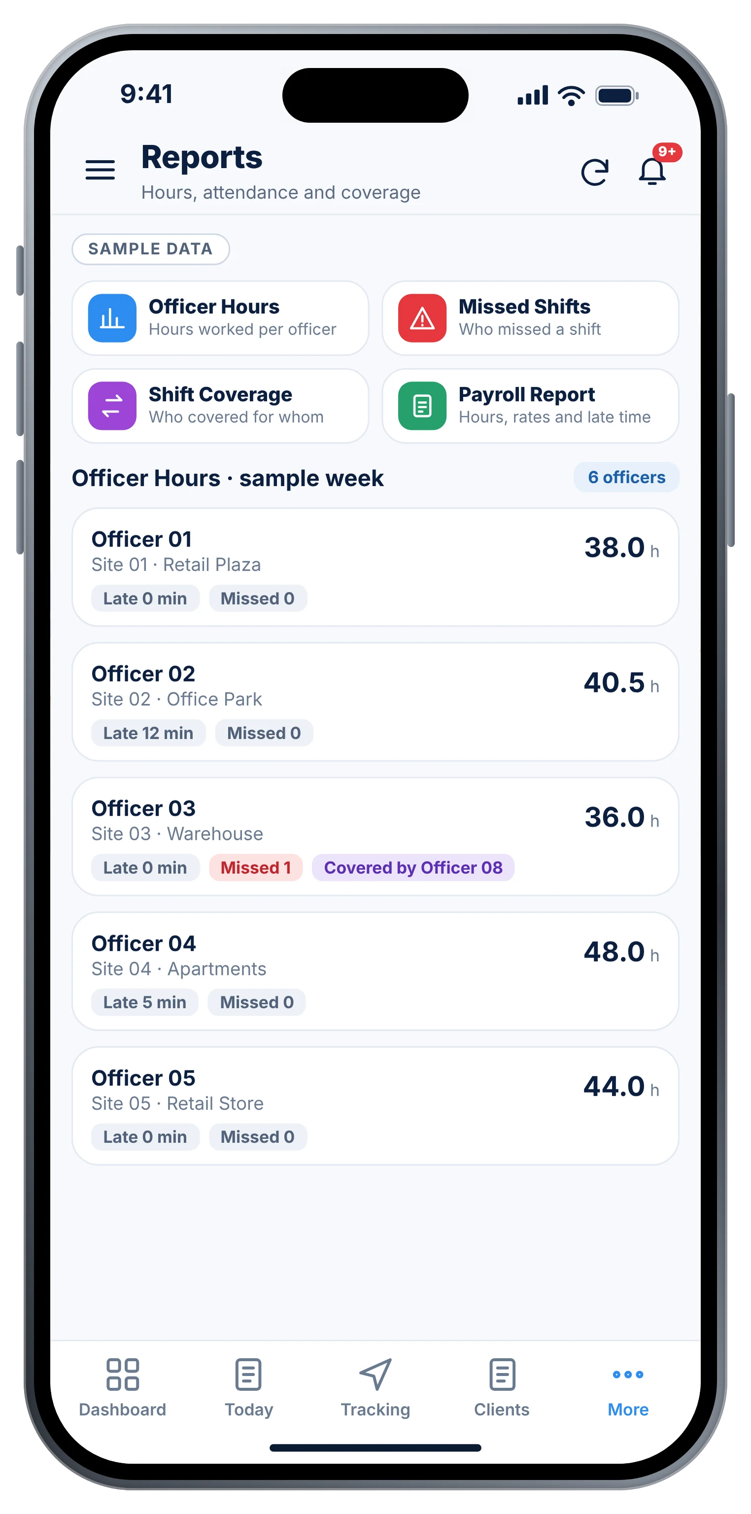 The app on a phone (sample data)